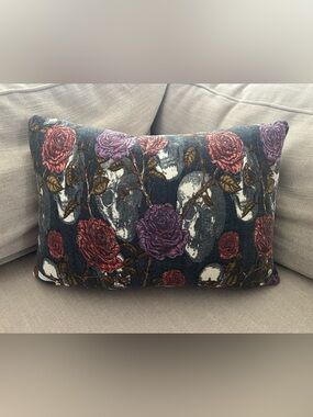 “New” Magaschoni Rectangular Velour Pillow with Red and Purple Roses & Skulls
